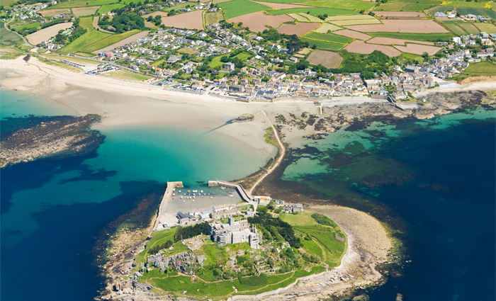 Aerial view of St Michaels Mount, Penzance on a Scenic Flight
